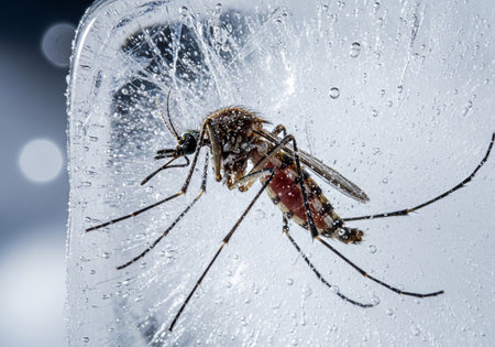 mosquito on a glass with water drops. macro photo.の素材