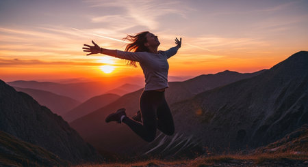 Happy woman jumping in the mountains at sunset. Freedom and happiness concept.の素材