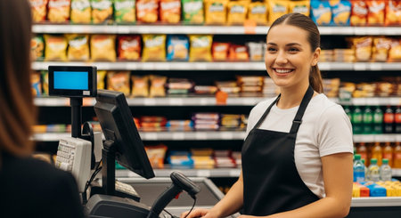 Smiling saleswoman in apron standing near cash register in supermarketの素材