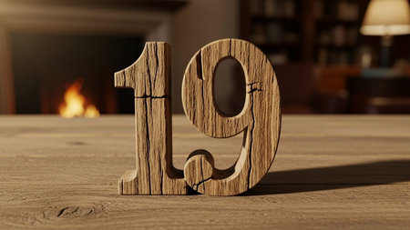 Wooden number 19 on a wooden table in front of a fireplaceの素材