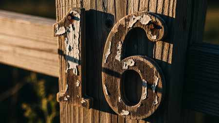 Wooden number six in the shape of a number six on a wooden fenceの素材