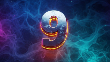 Number 9 with blue and orange smoke on dark background. 3d renderingの素材