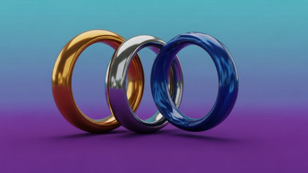 Wedding rings on a colorful background. 3d rendering.の素材