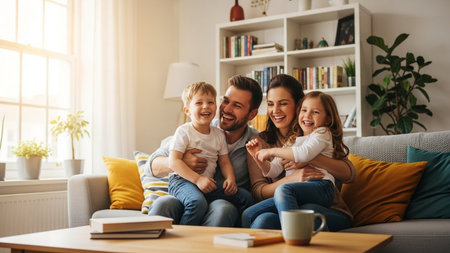 Happy family of three sitting on sofa in living room at home and looking at cameraの素材