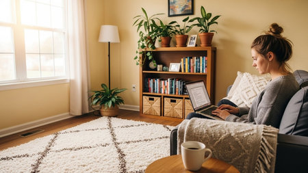 Woman using laptop while sitting on sofa in living room at home.の素材