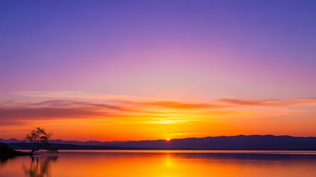 Beautiful sunset on the lake with silhouette of tree and mountain backgroundの素材