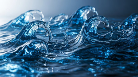 Water splash close-up on a blue background. 3d renderingの素材