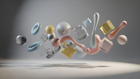 3d rendering of abstract geometric composition with different shapes and colors.の素材