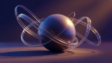 3d illustration of atom with electrons in space. Abstract background.の素材