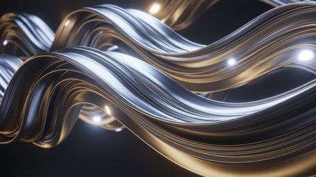 3d rendering of abstract wavy metallic background with glowing lights in itの素材