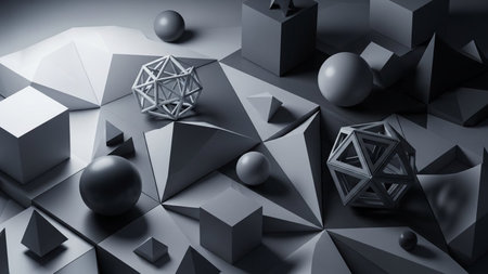 Abstract 3d rendering of geometric shapes. Minimalistic background with polygonal shapes.の素材