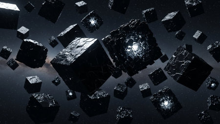 3d rendering of black cubes flying in space. Futuristic background.の素材