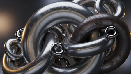 3d illustration of metal chain links over dark background. Abstract industrial backgroundの素材
