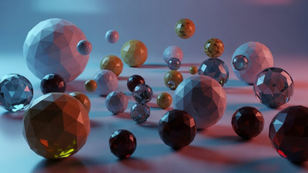 Abstract 3d rendering of chaotic low poly spheres in empty space.の素材
