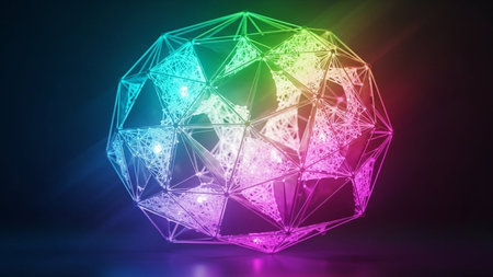 Abstract polygonal sphere with glowing dots and lines. 3D Renderingの素材