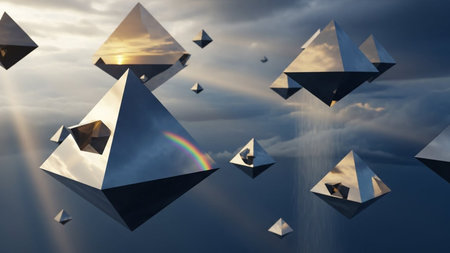 Falling paper planes with rainbow in sky. 3D rendering.の素材