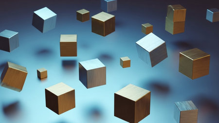 3d illustration of abstract geometric composition made of wooden cubes floating in spaceの素材