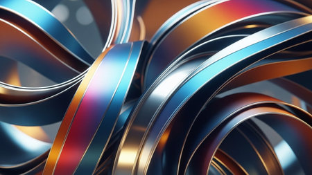3d rendering of abstract metallic background with waves in blue and orange colorsの素材