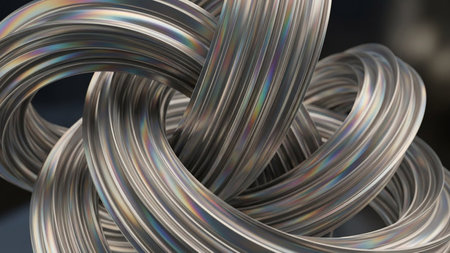 Abstract 3d rendering of chaotic wavy surface. Bended stripes background. Reflective surface.の素材