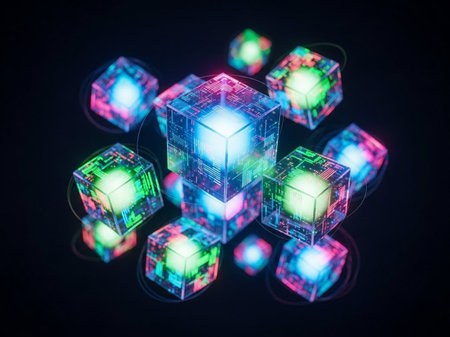 Futuristic abstract background with glowing neon cubes. 3D renderingの素材