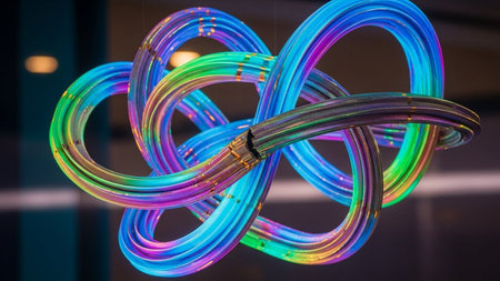 Colorful LED lights on the ceiling of a modern office building.の素材