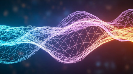 3D illustration of abstract polygonal wireframe with glowing particlesの素材