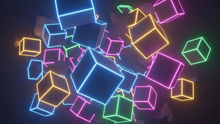 Abstract background with neon glowing cubes. 3D rendering. Virtual reality concept.の素材