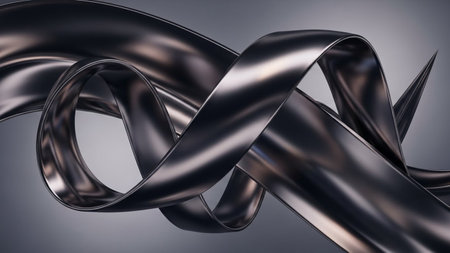 Metallic abstract wavy ribbon on grey background. 3d render illustrationの素材