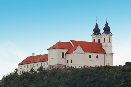 The abbey at Tihany, lake Balaton, Hungary, Europe, viewed from the waterの写真素材
