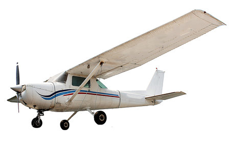 white airplane mid-air isolated on a white background.