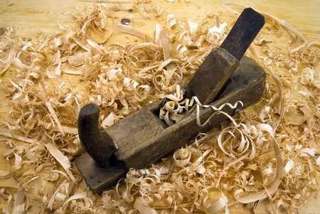 Hand jack plane, wood chips and  sawdust