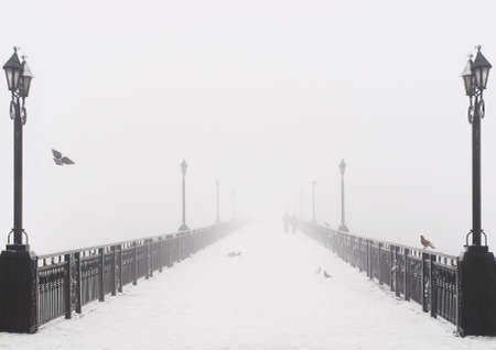 Bridge city landscape in foggy snowy winter day - walking couple, lanterns and doves flock - Ukraine, Donetskの写真素材