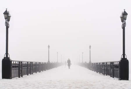 Bridge city landscape in foggy snowy winter day - alone woman, lanterns and doves flock - Ukraine, Donetskの写真素材