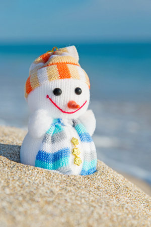 Smiley toy snowman at sea beach. Holiday concept for New Years and Christmas Cards.の写真素材
