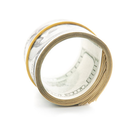 Roll of one hundred dollar bills  isolated on a white background