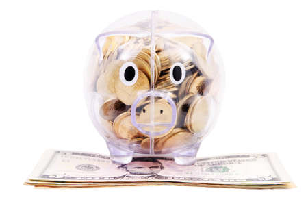 Savings in piggy bank isolated on the white backgroundの写真素材
