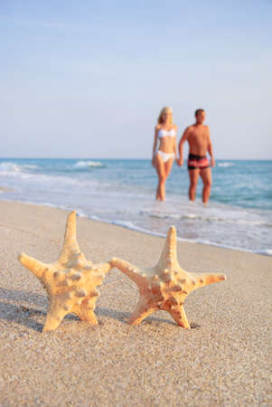 romantic couple walking on sea sand beach against starfishesの写真素材