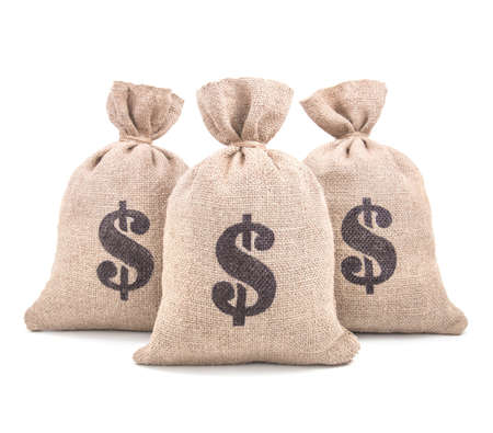 Three burlap money bags with dollar symbol print tied with a string isolated on white backgroundの写真素材
