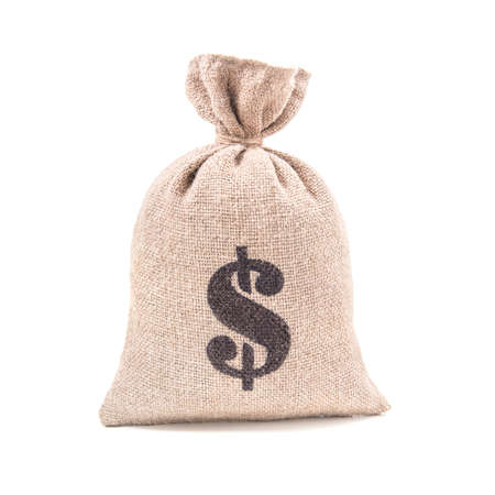 Sacking money bag with dollar symbol print tied with a string isolated on white backgroundの写真素材