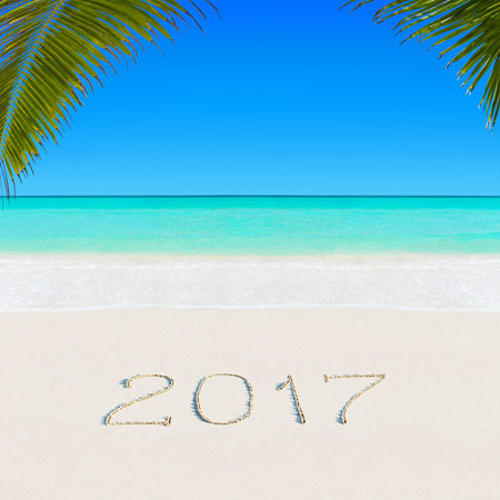 Happy New Year 2017 caption on sandy palm ocean tropical summer azure beach against blue sky