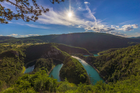 Montenegro nature landscape. Wonderful view of the meanders of Cehotina River (crooked course of the river) which it carved through the rocky areas.の写真素材