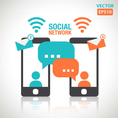 Illustration of social media messaging between two touch screen smartphone vectorのイラスト素材