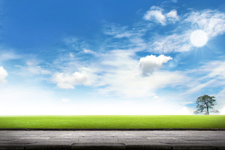 Concrete pacement with grass field on blue sky background