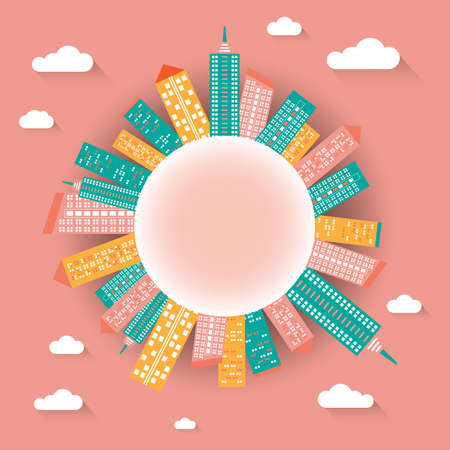 Cityscape illustration with buildings on globe in flat design style vectorのイラスト素材
