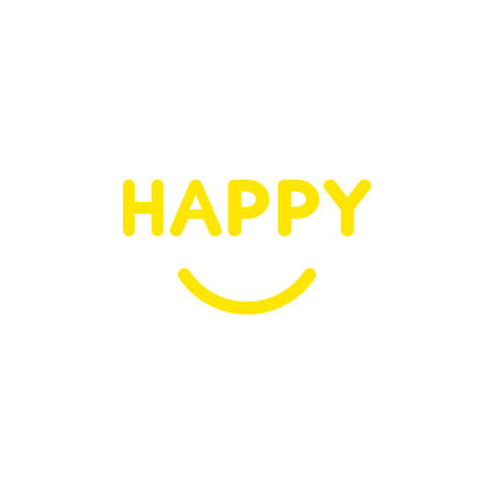Flat design style vector illustration concept of yellow happy text with smiling mouth on white background.のイラスト素材