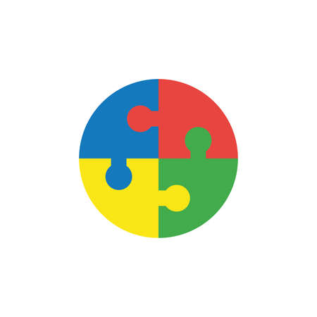 Flat design style vector illustration concept of circle shape blue, red, yellow and green puzzle pieces symbol icon connected on white background.のイラスト素材