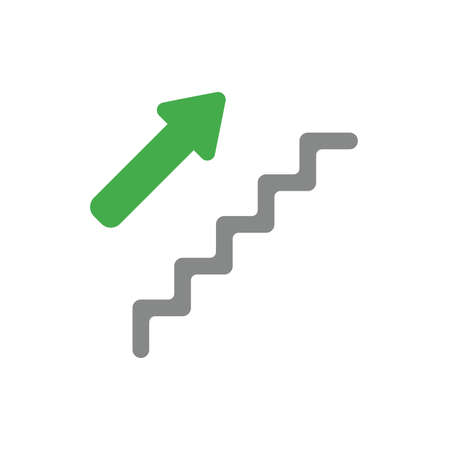 Flat design style vector illustration concept of grey stairs with green arrow symbol icon pointing up on white background.のイラスト素材