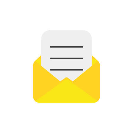 Flat design style vector illustration of yellow open envelope with written paper symbol icon on white background.のイラスト素材