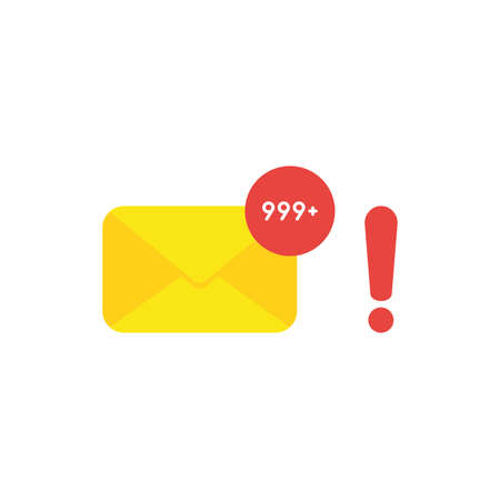 Flat design style vector illustration concept of yellow closed envelope email symbol icon and lot of junk spam emails with red exclamation mark on white background.のイラスト素材