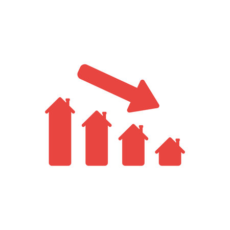 Flat design style vector illustration concept of red house sales or value bar chart symbol icon with arrow moving down on white background.のイラスト素材
